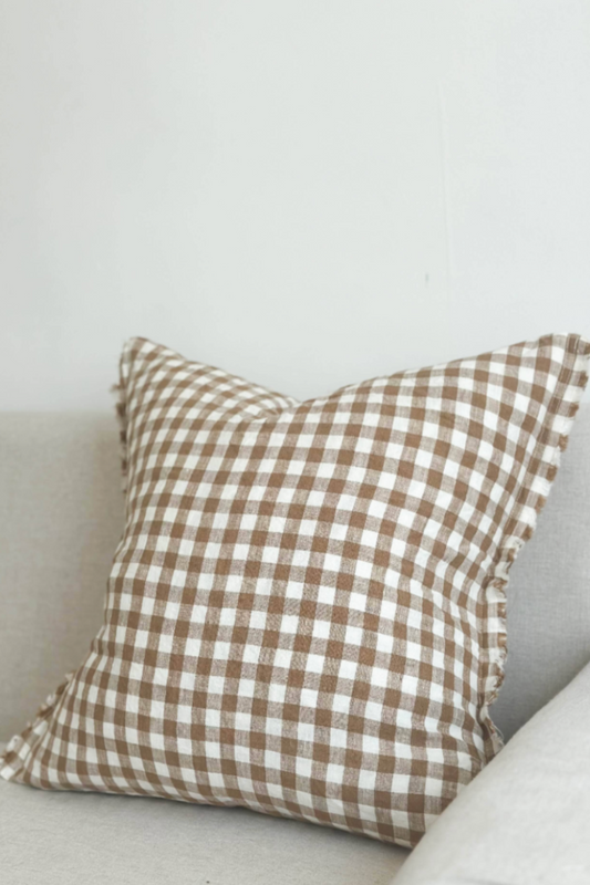 ESMEE Brown Gingham Linen Cushion Cover