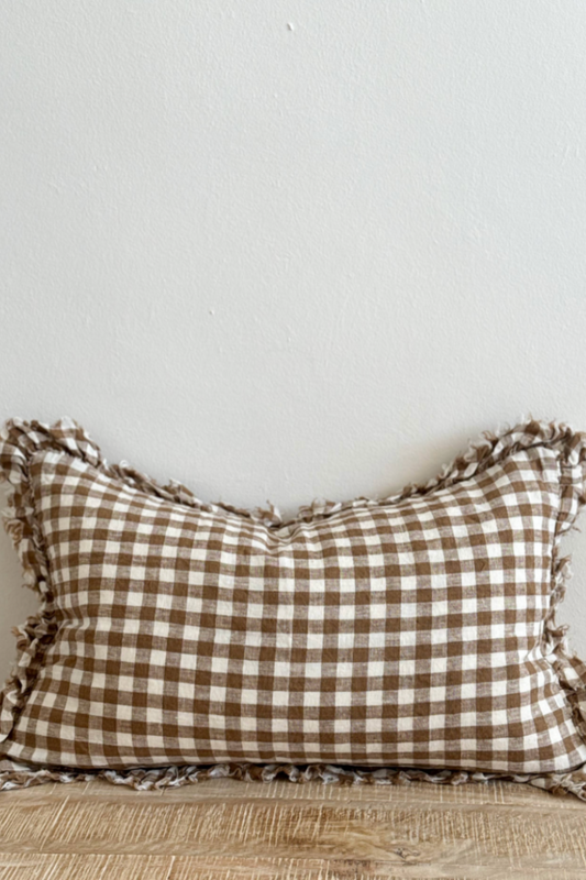 HALLIE Brown Gingham Linen Cushion Cover 50x30cm
