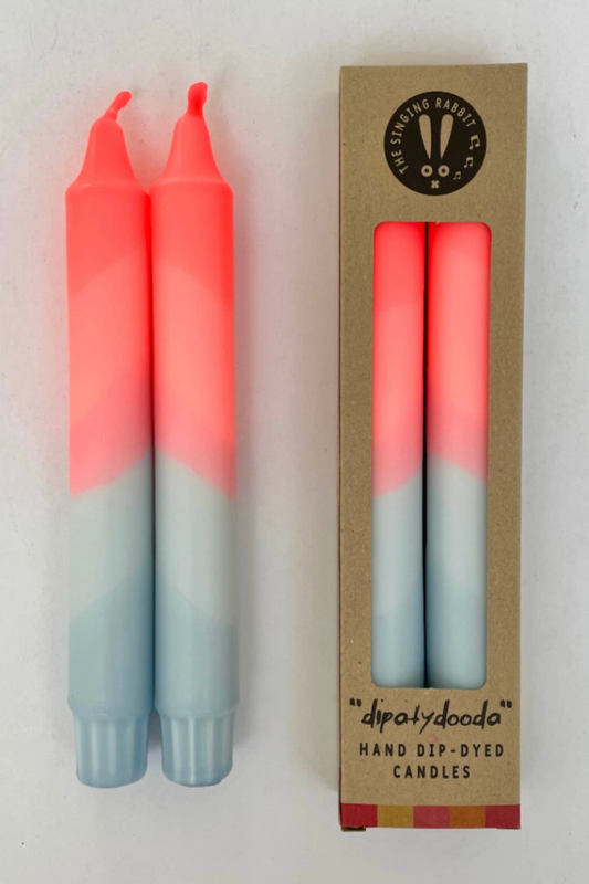 Neon Coral & Dawn Blue Swirl Dip Dyed Dinner Candles