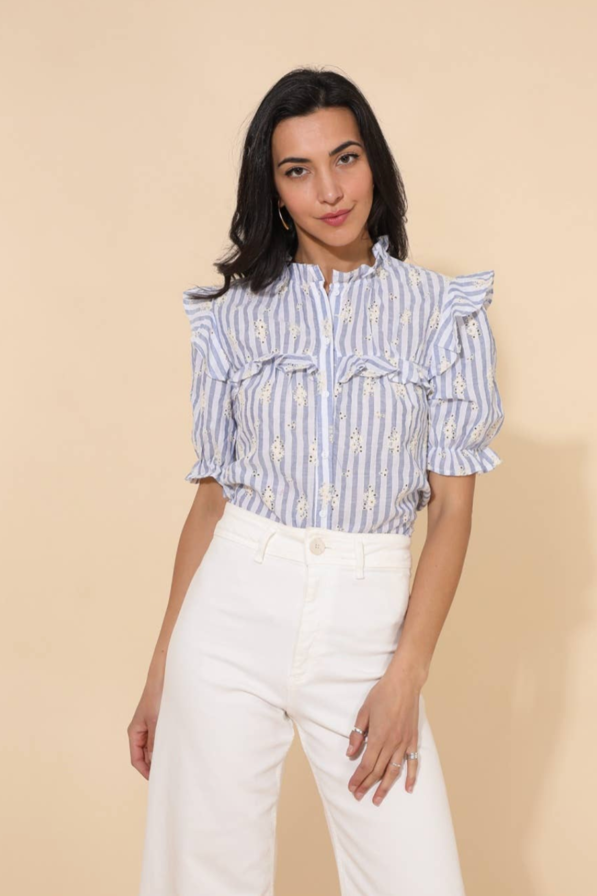 Yvie - Blue Stripe Ruffle Embroidered Blouse