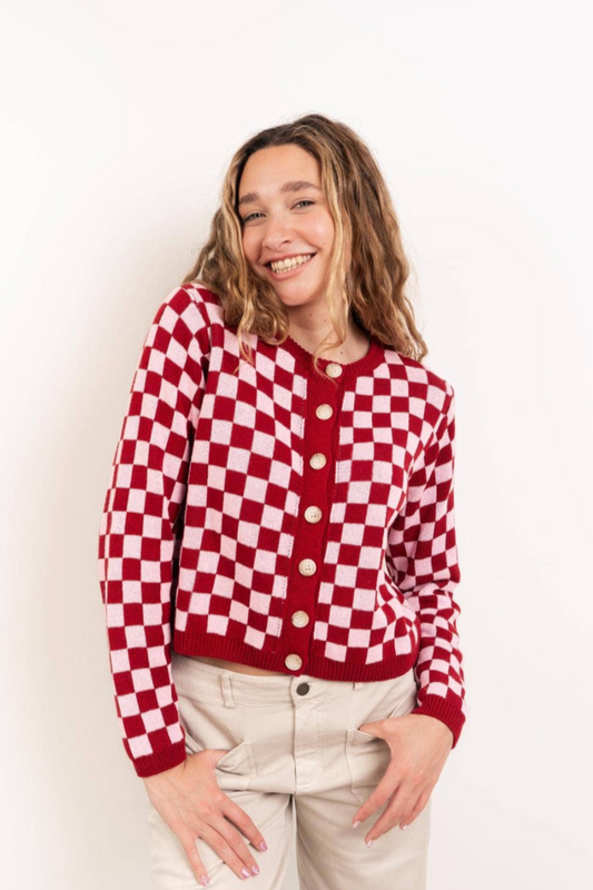 Martina Pink & Burgundy Checkered Cardigan