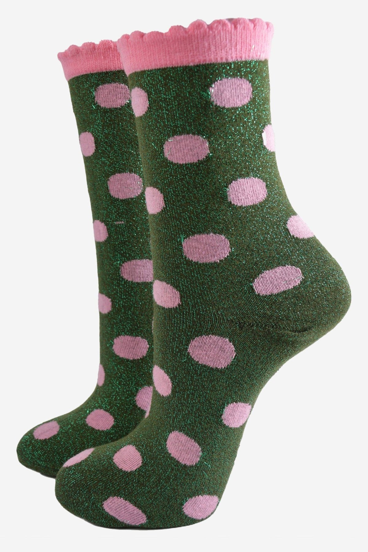 Polka Dot Glitter Socks - Pink/Khaki