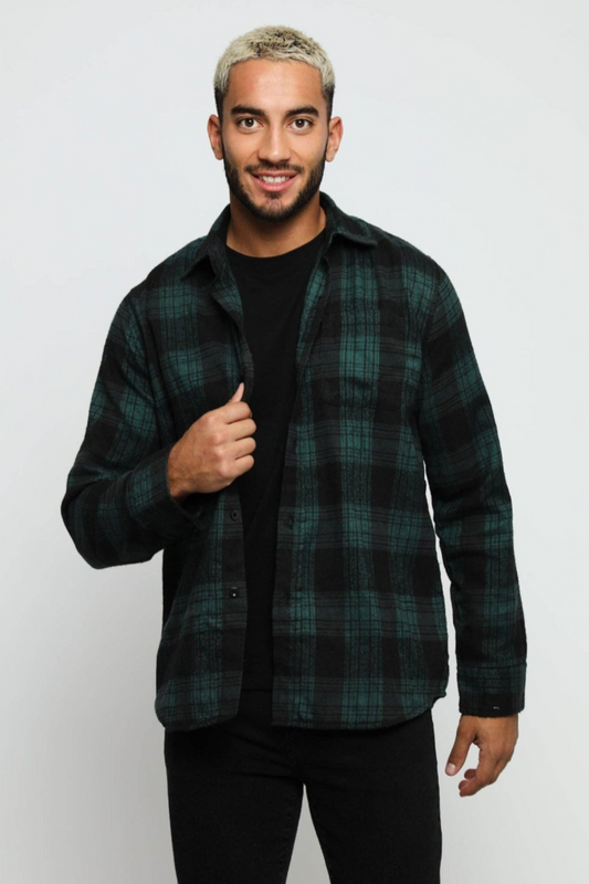 Plaid Flannel Check Shirt - Dark Green/Black
