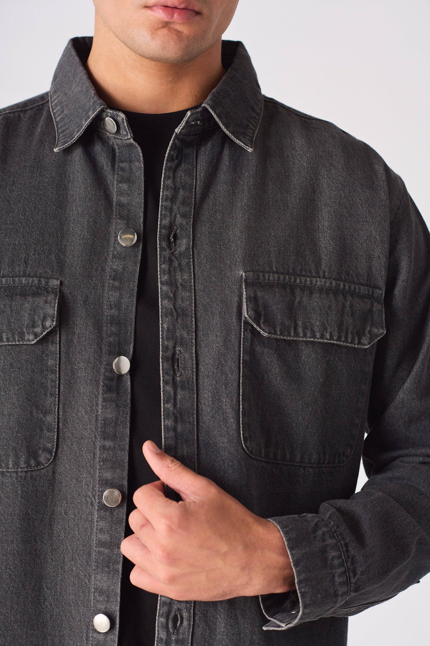 Cargo Denim Shirt - Grey Acid Wash