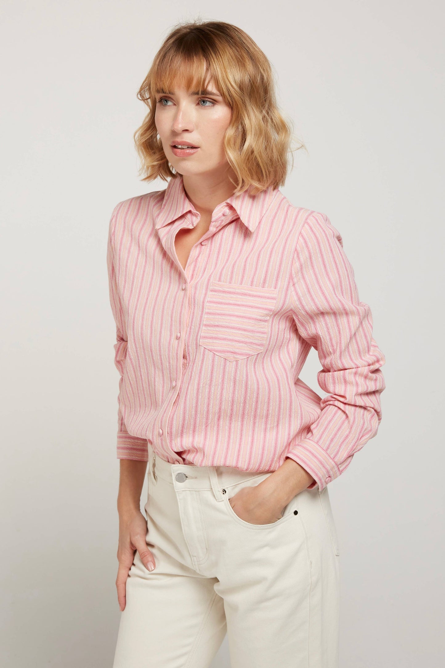 FRENCHY - Pink Striped Stretch Cotton Shirt