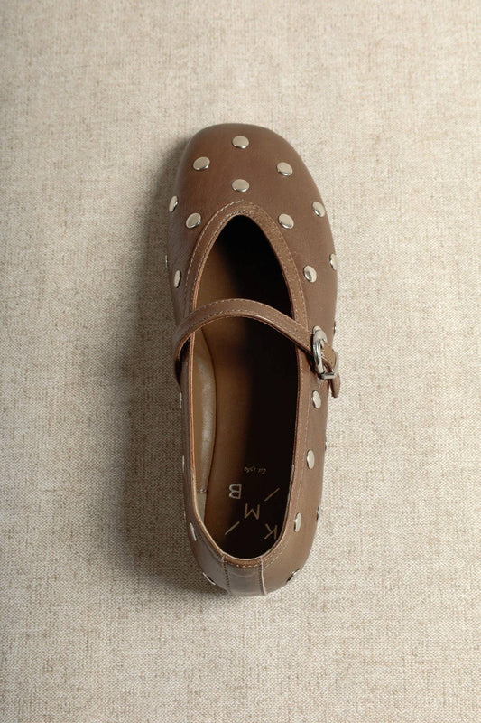ALLI STUDS - Glossy Leather Studded Mary Janes - Moss Green