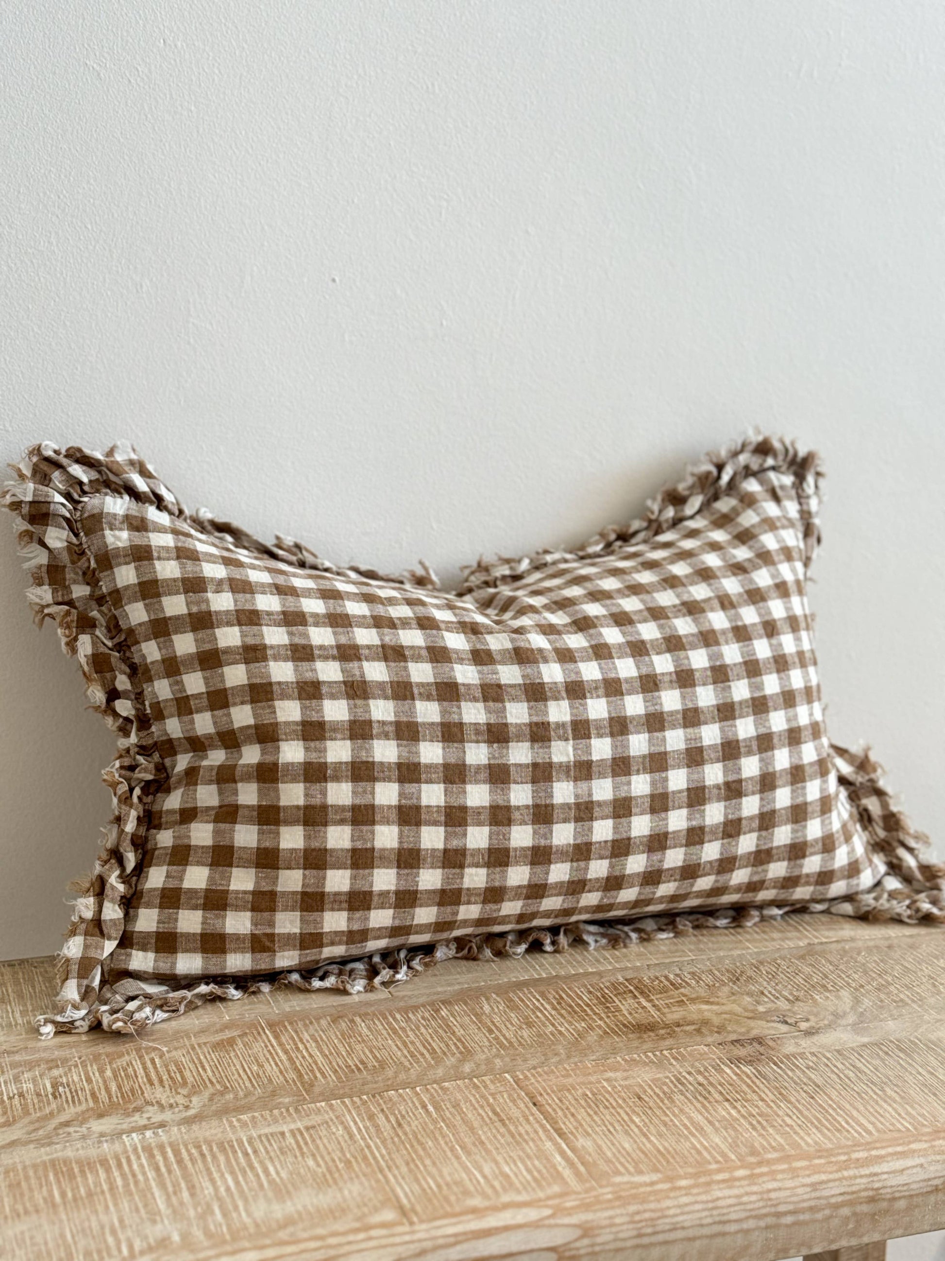 HALLIE Brown Gingham Linen Cushion Cover 50x30cm