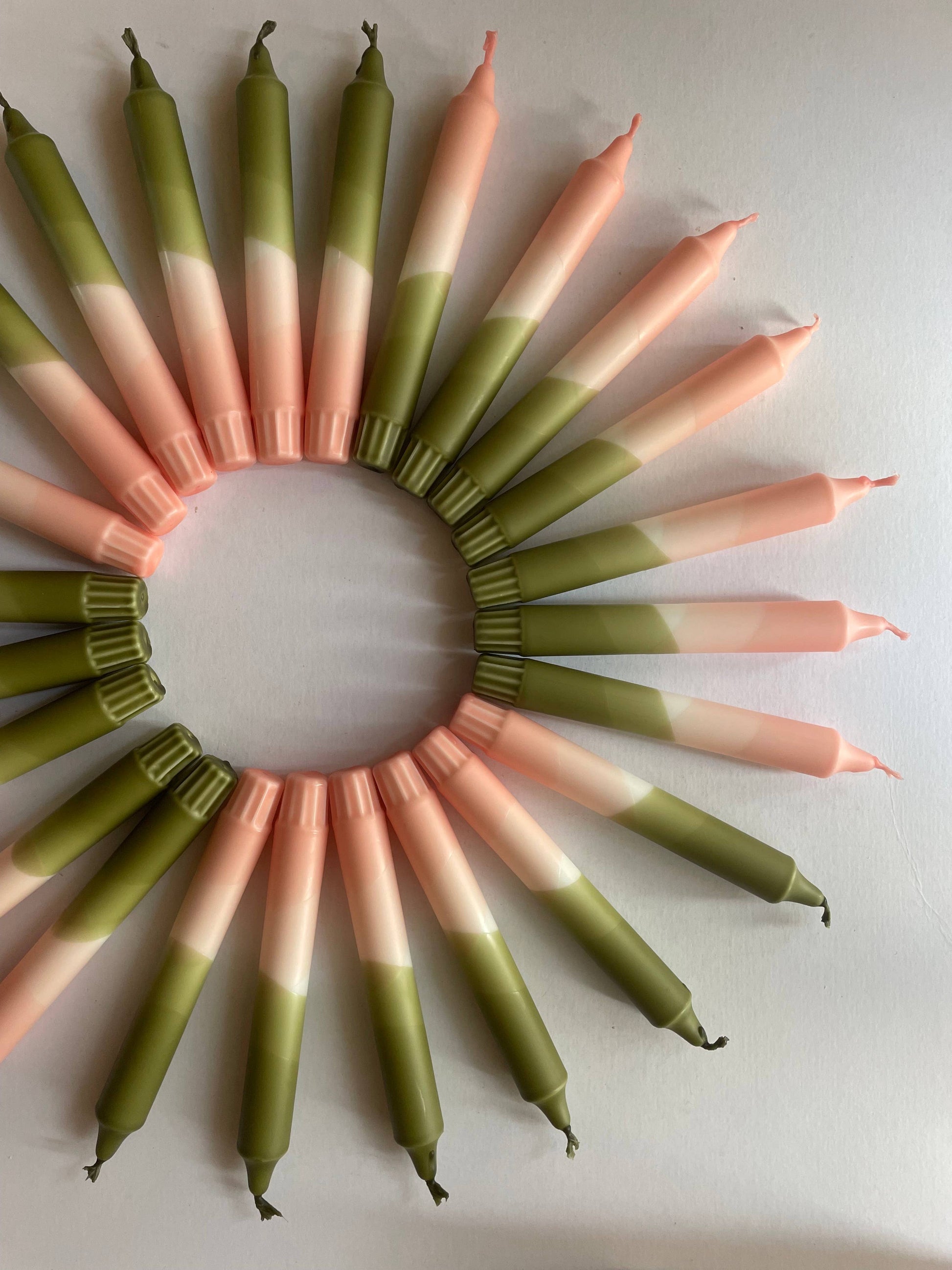 The Singing Rabbit - Blush Pink and Olive Green Dip Dyed Dinner Candles