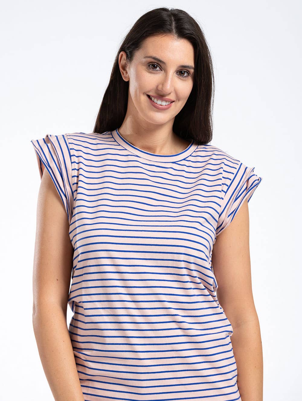 Ruffle Sleeve Tee in Pink Navy Stripe