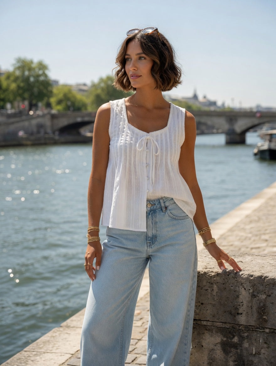 white sleeveless cotton summer top