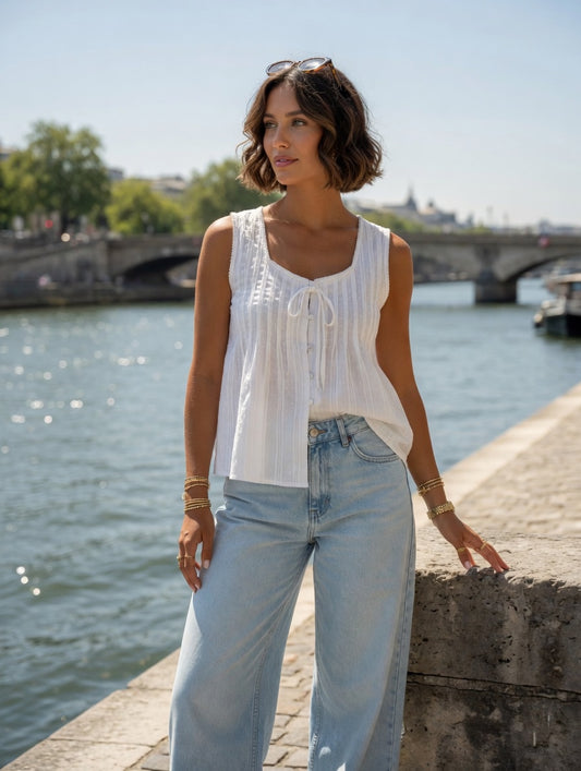 white sleeveless cotton summer top