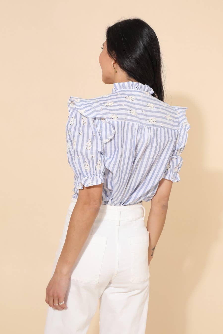 Yvie - Blue Stripe Ruffle Embroidered Blouse