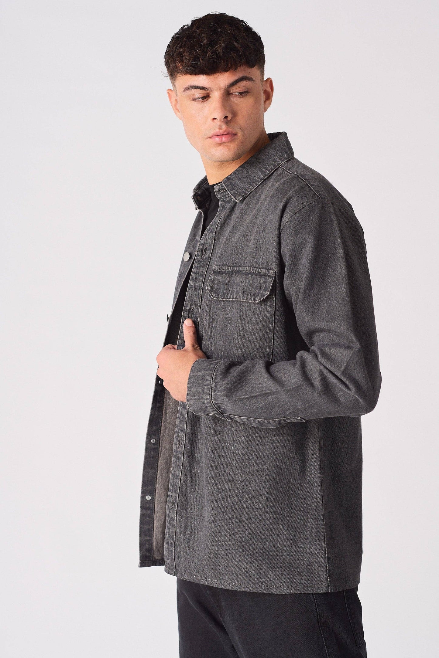 Cargo Denim Shirt - Grey Acid Wash