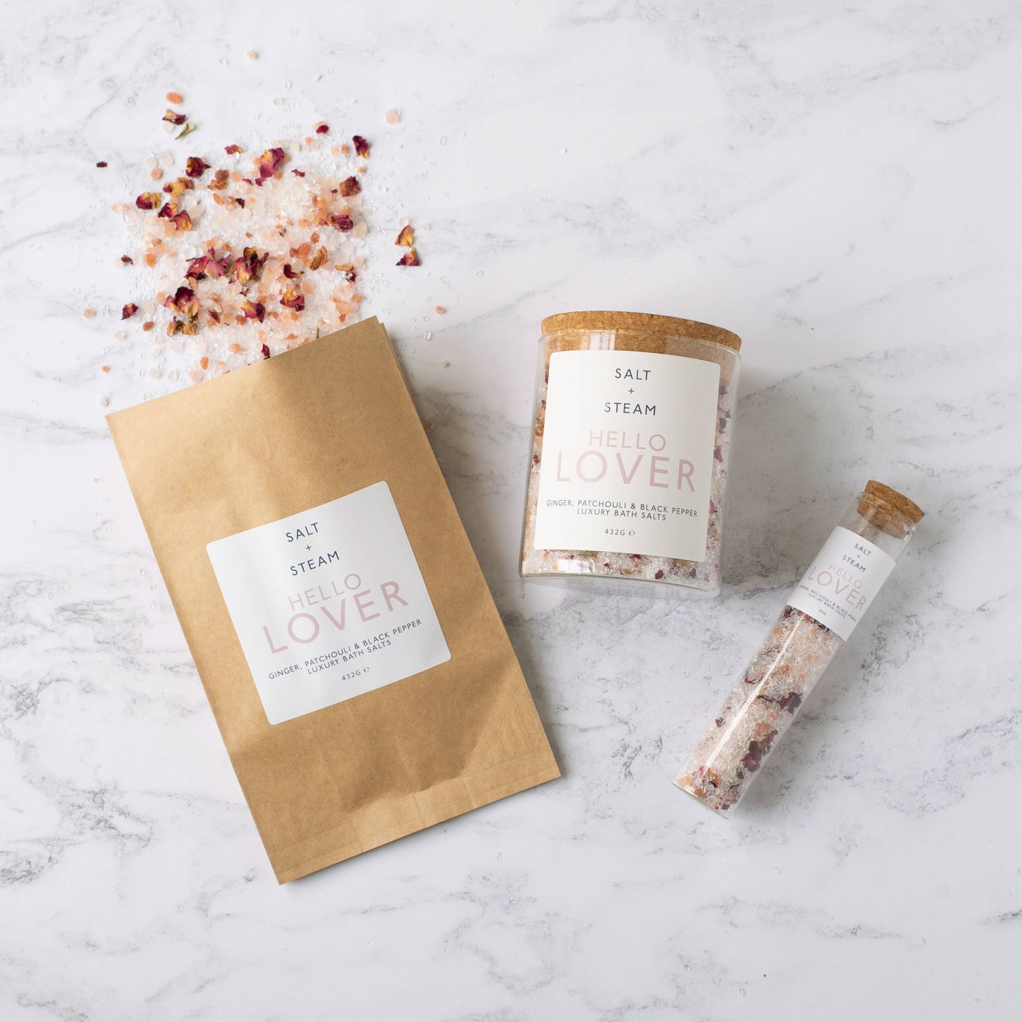 Hello Lover - Ginger & Patchouli Bath Salts - Jar, Tube and Sachet