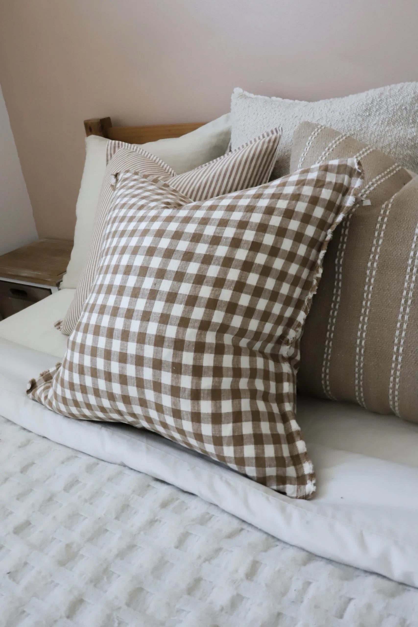 ESMEE Brown Gingham Cushion - Frayed Edge