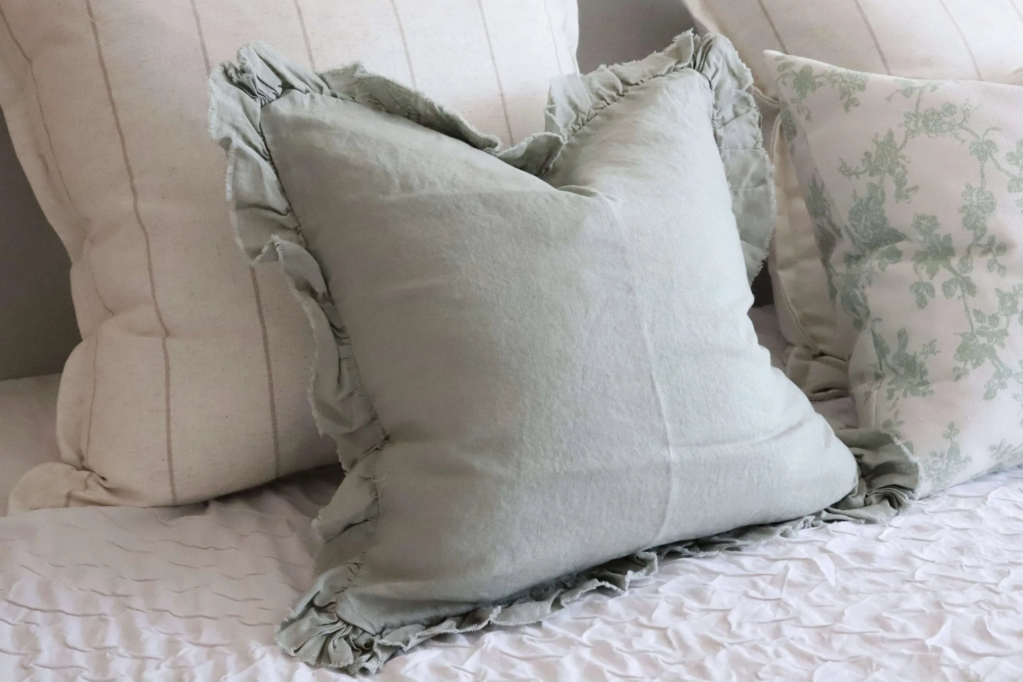 HALLIE Dusty Sage Linen Cushion Cover – Ruffle Edge